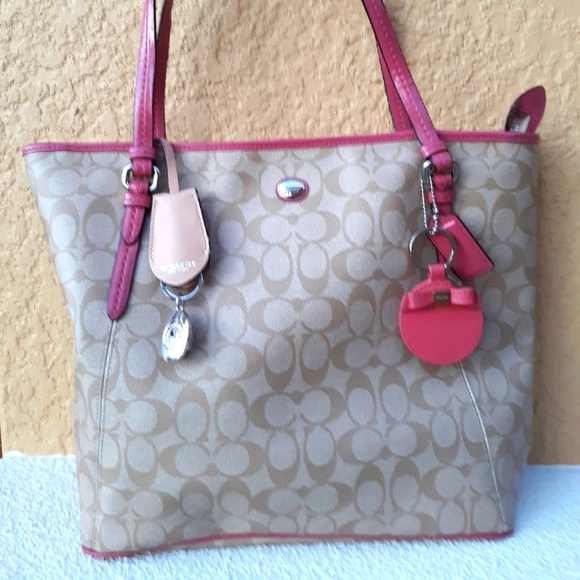 Coach Handbags - COACH Pink +Tan Signature Tote Bag Handbag